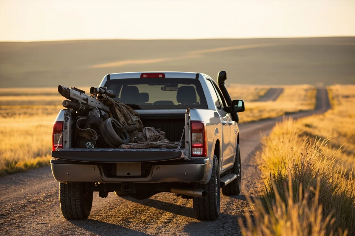 4WD truck parked on Montana prairie road with hunting gear in bed and rolling hills in background