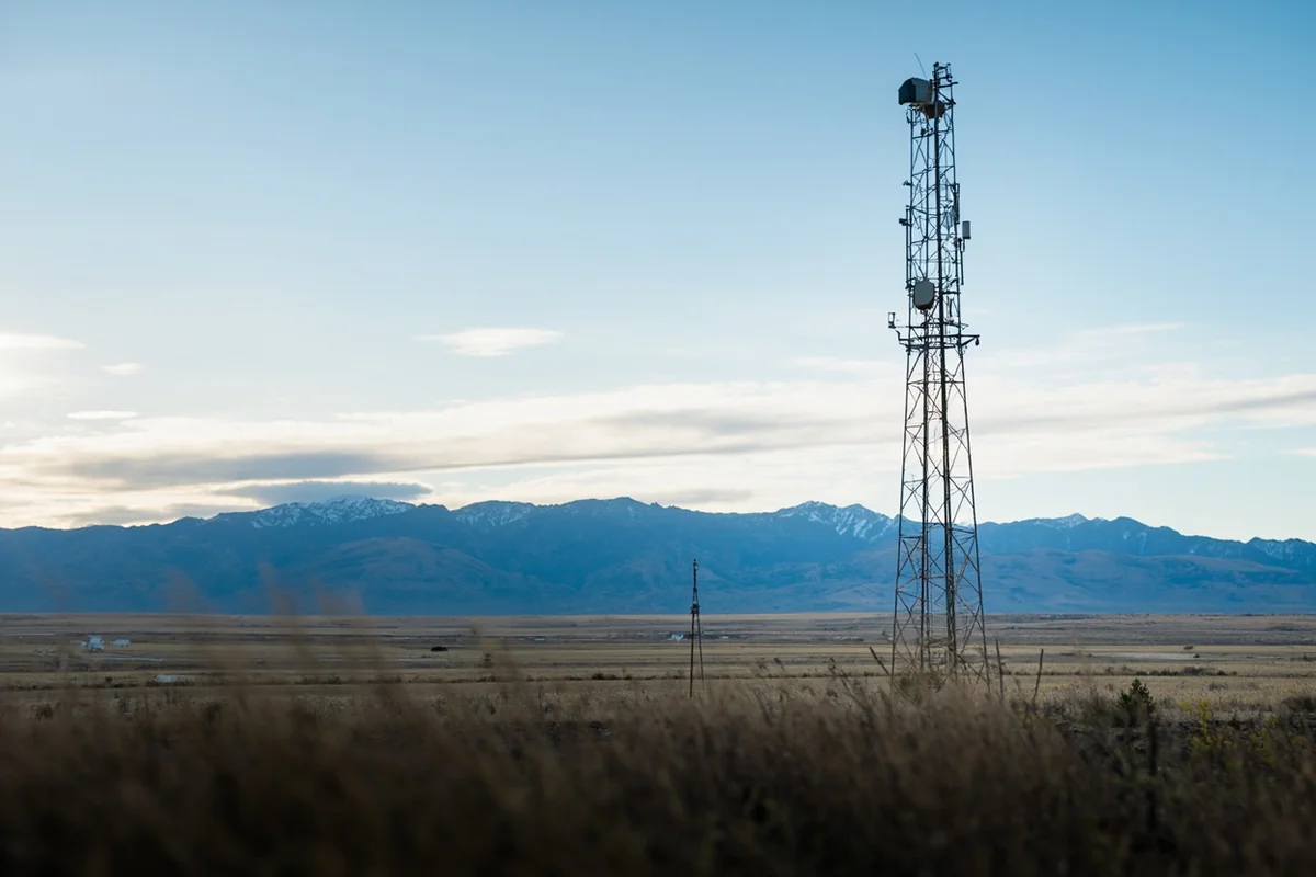 5G tower installation near Bozeman with Bridger Mountains in background