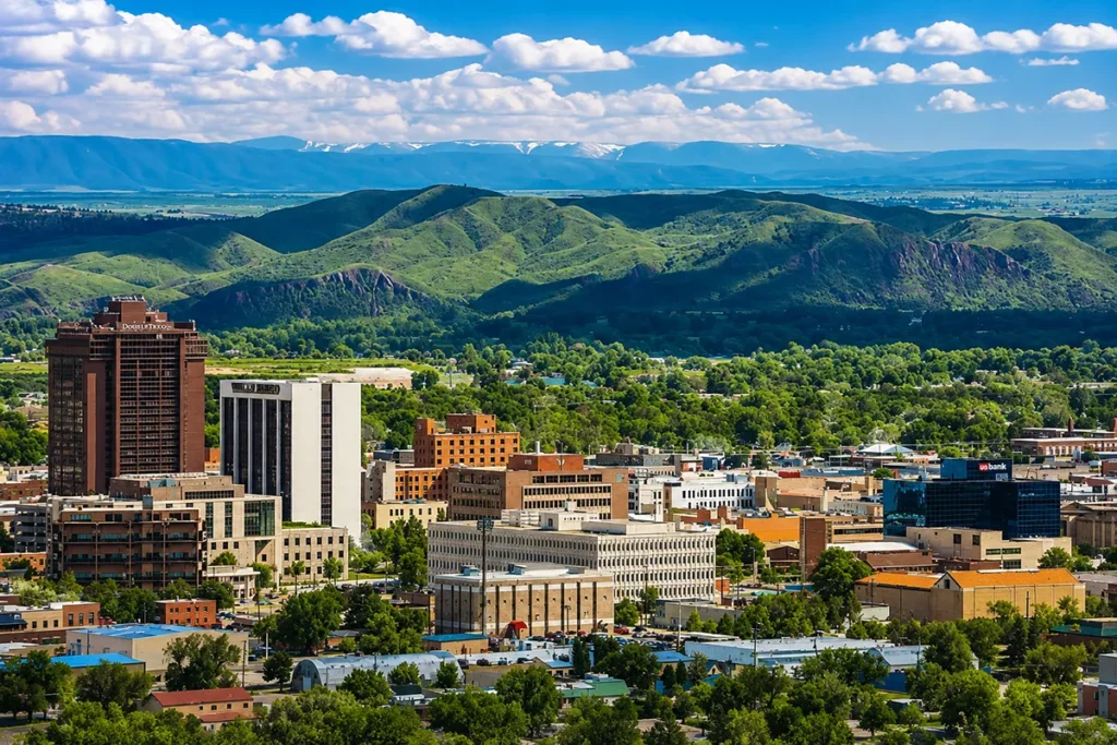 Aerial view of downtown Billings Montana with the Rimrocks sandstone cliffs in the background