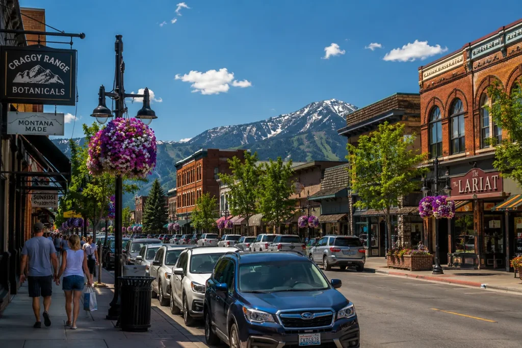Downtown Whitefish Montana Central Avenue with mountain backdrop in summer