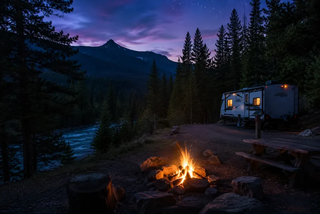 Twilight at a Gallatin Canyon campsite with campfire glow and Lone Peak silhouette