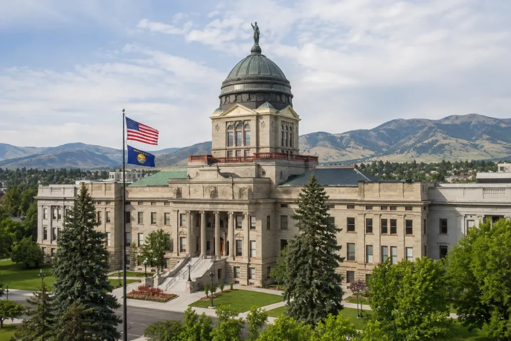 Montana State Capitol building dome and grounds in Helena Montana