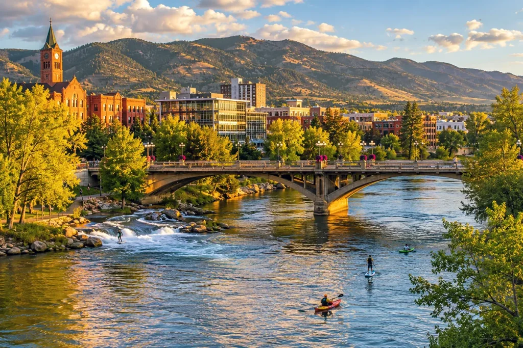 Clark Fork River running through downtown Missoula Montana with the Higgins Avenue bridge visible