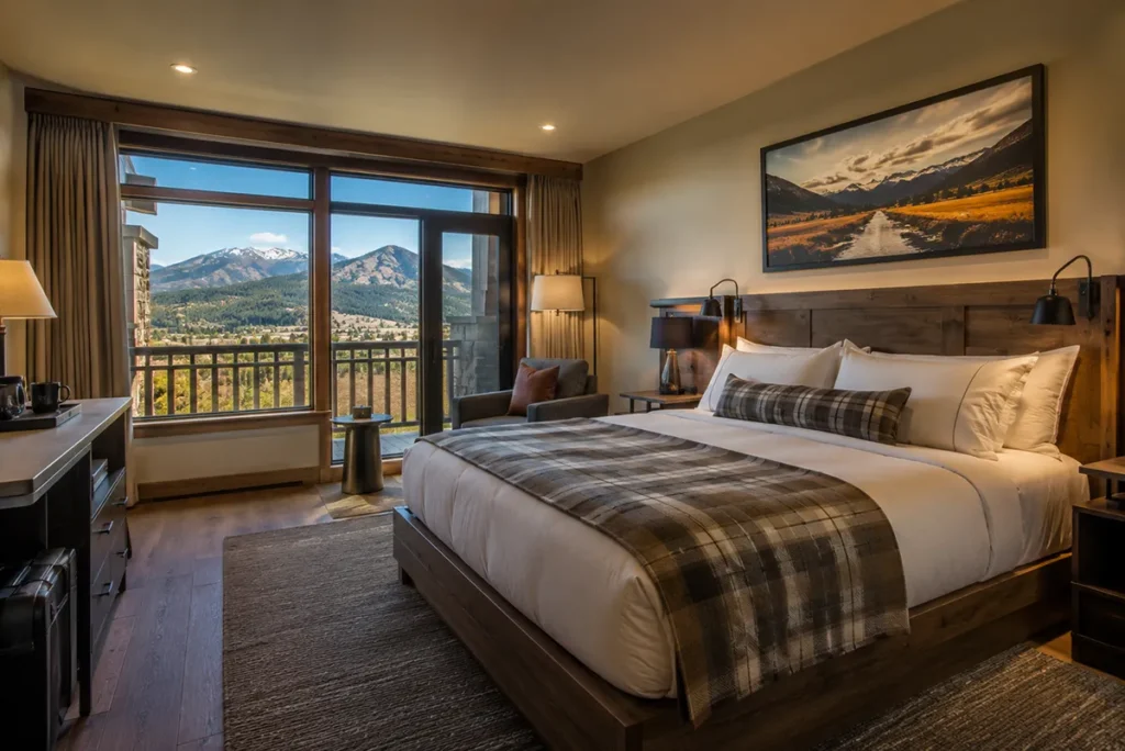 Boutique hotel room in Missoula Montana with mountain view through large windows and modern Montana-inspired decor