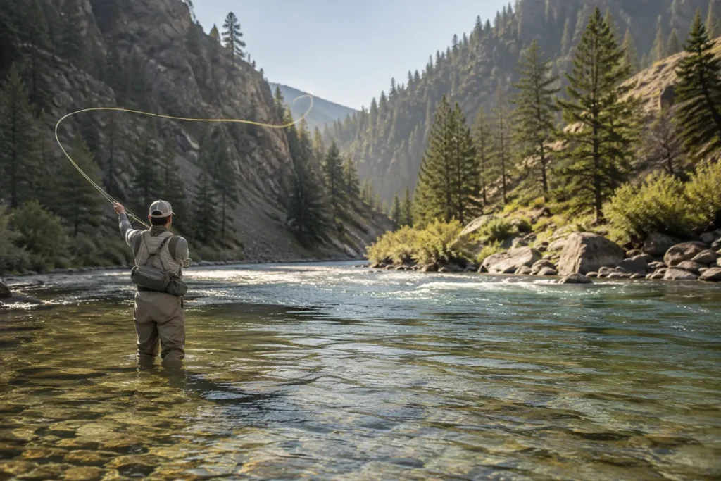 Fly fisher casting on the Gallatin River with mountain canyon walls behind