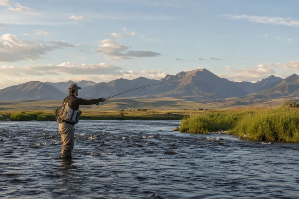 Fly fisher casting on the Madison River near Ennis Montana