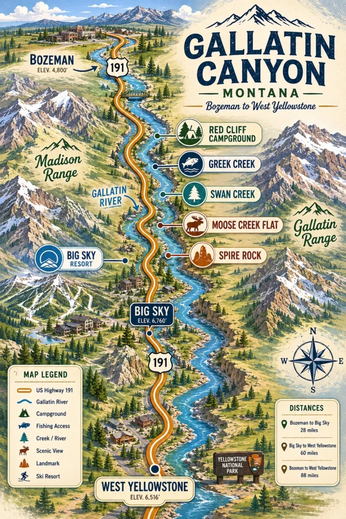 Map showing US-191 Gallatin Canyon corridor with campground locations between Bozeman and West Yellowstone