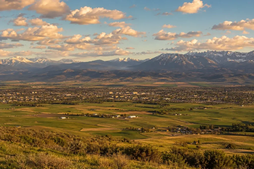 Aerial-style view of the Gallatin Valley with Bozeman and the surrounding mountain ranges