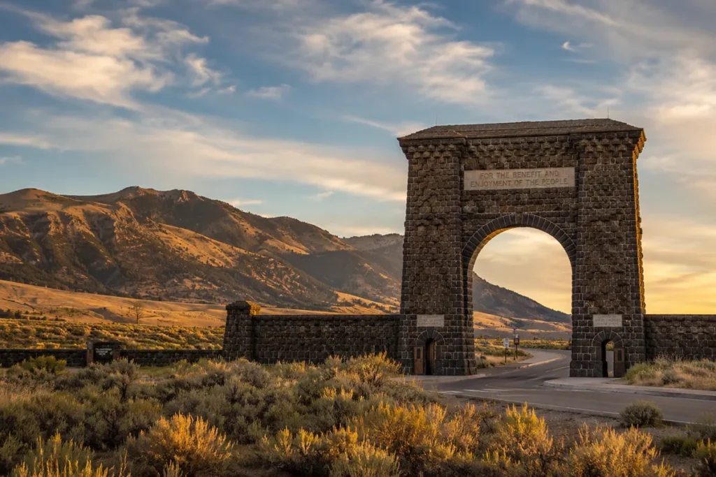 The Roosevelt Arch stone gateway at the North Entrance to Yellowstone National Park in Gardiner Montana