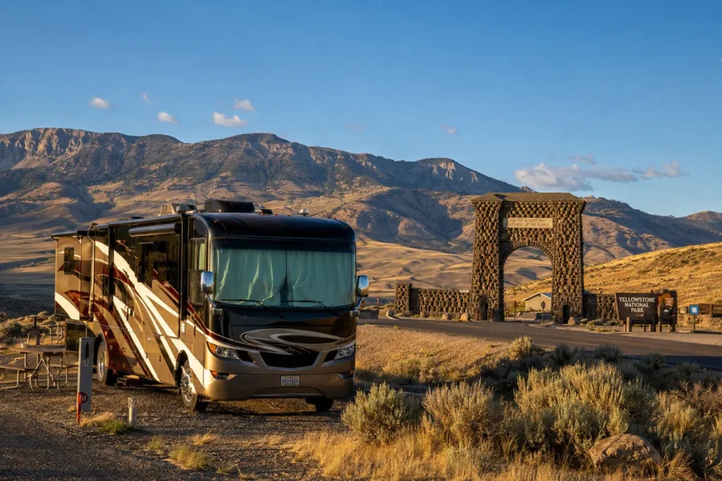 RV parked near the Roosevelt Arch entrance to Yellowstone National Park in Gardiner Montana
