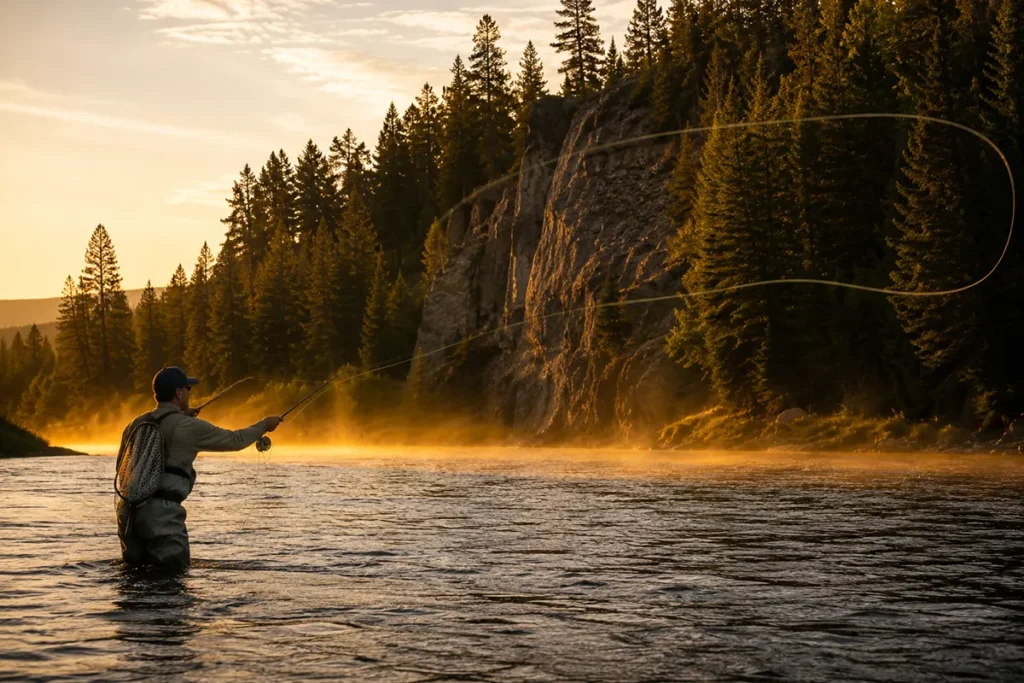 Fly fisherman on the Blackfoot River near Missoula at golden hour