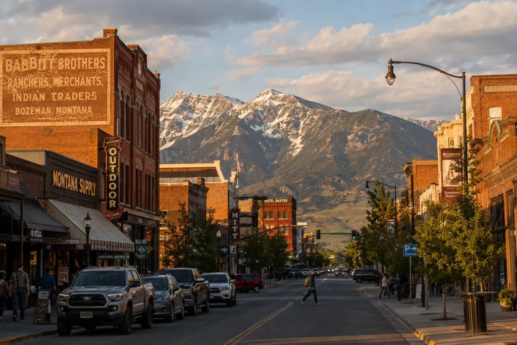 Downtown Bozeman Main Street with restored brick buildings and the Bridger Mountains in the background