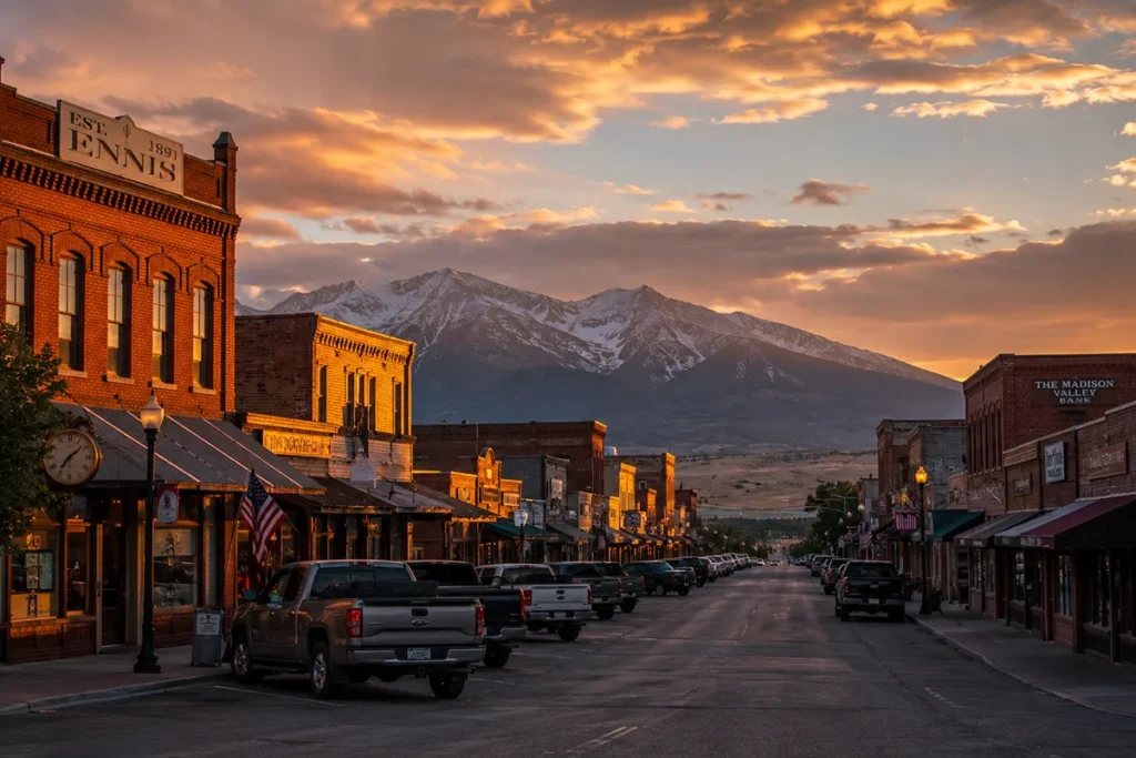 Small Montana ranch town main street at sunset with mountains beyond