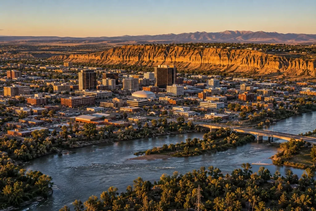 Aerial view of downtown Billings Montana with the Rimrocks sandstone cliffs in the background