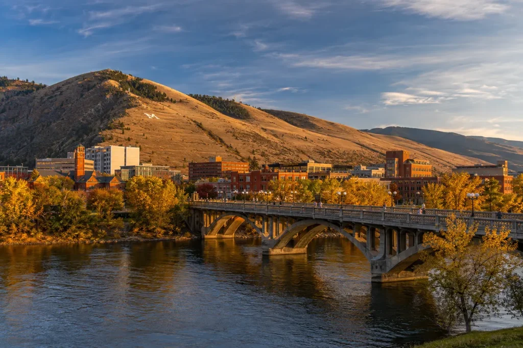 Downtown Missoula Montana with the Clark Fork River and Higgins Bridge in the foreground