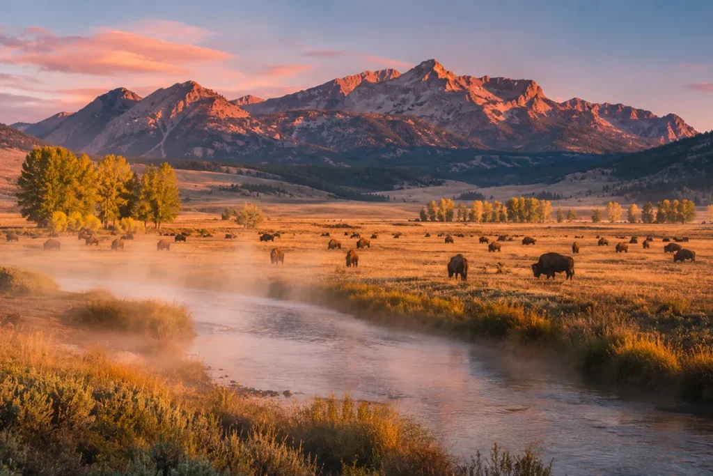 Bison herd grazing in Lamar Valley at sunrise with mountains in background