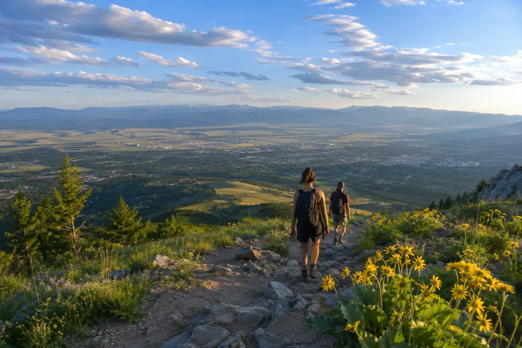 Hikers on Mount Helena trail above the Helena Valley with panoramic views of the Continental Divide