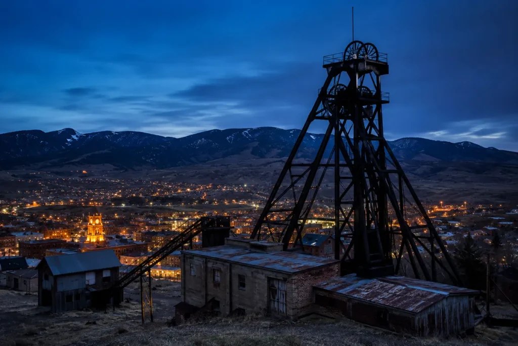 Historic mining headframe gallows on the Butte Montana skyline at dusk