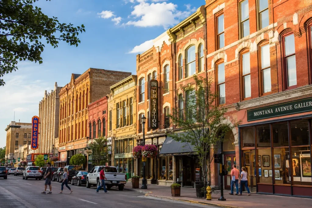 Downtown Billings Montana along Montana Avenue with historic buildings, galleries, and restaurants