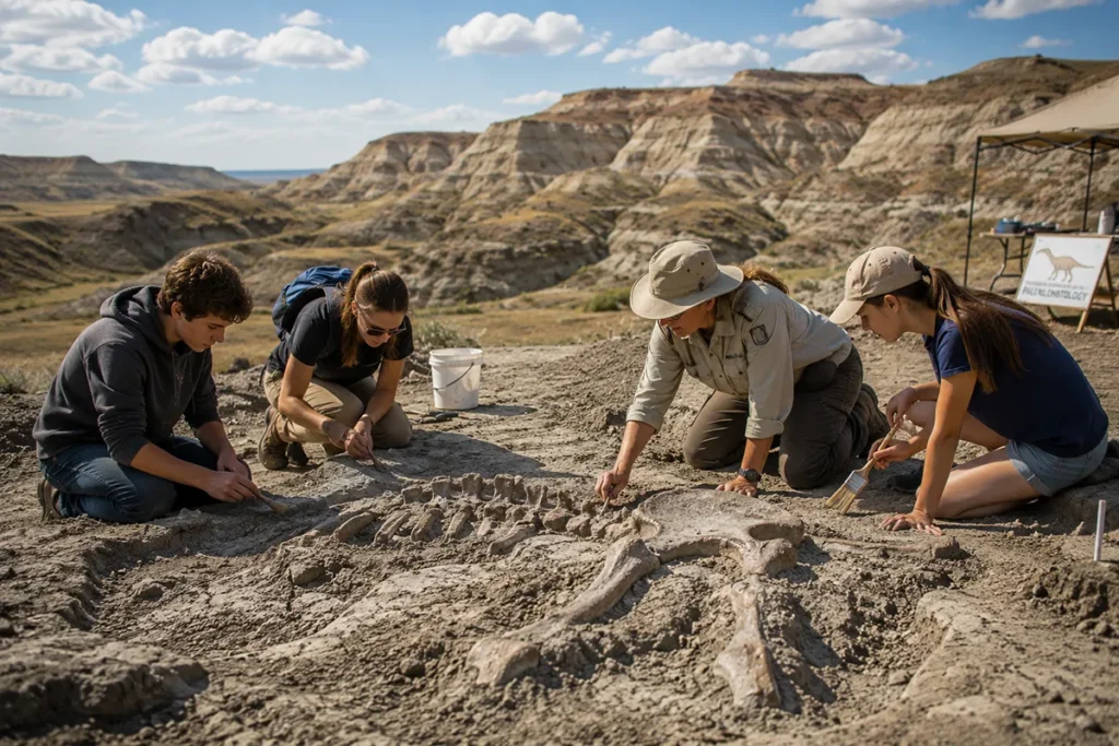 Montana Dinosaur Trail fossil dig site with visitors uncovering dinosaur bones under paleontologist supervision