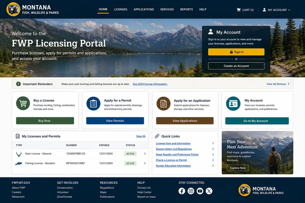Montana FWP licensing portal dashboard