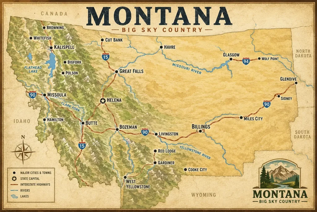 Map of Montana showing major cities and towns including Billings, Missoula, Bozeman, Great Falls, and Helena