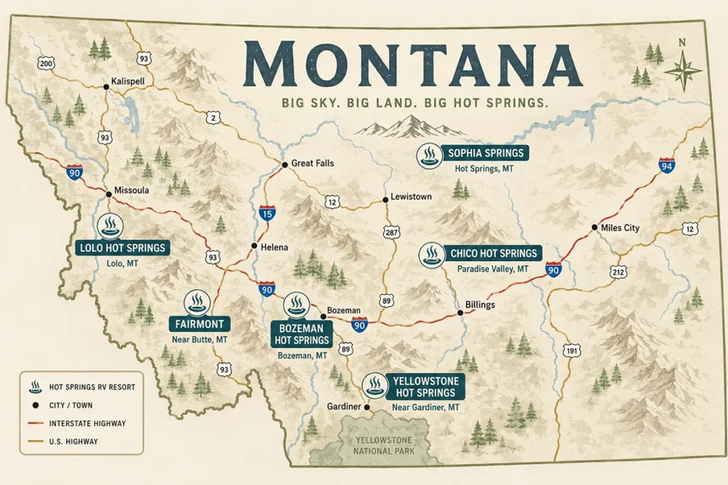 Map-style illustration showing the locations of Montana hot springs resorts across the state