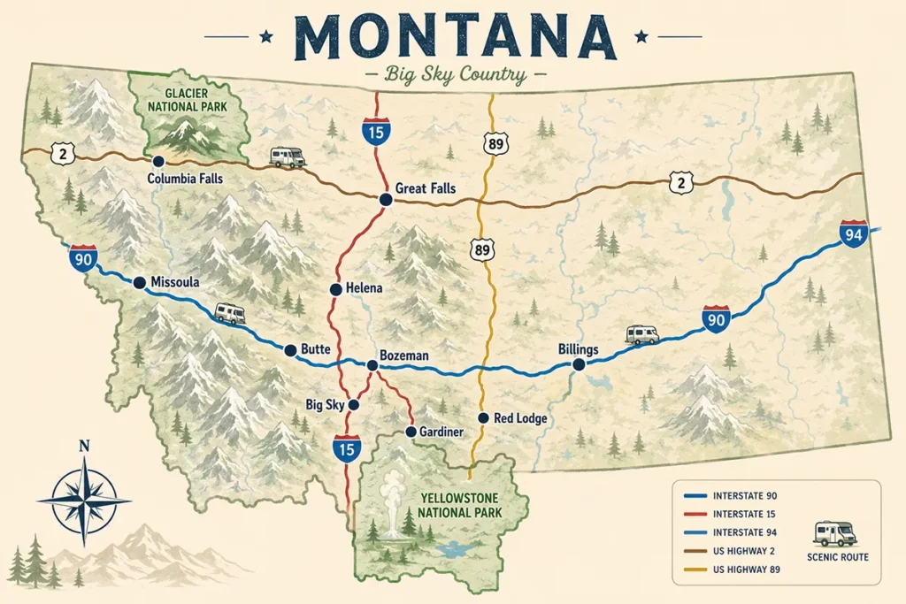 Map-style illustration of Montana showing major RV travel corridors and gateway towns
