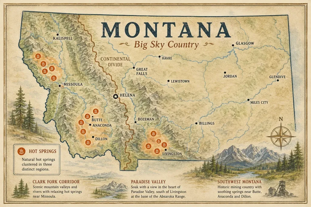 Stylized map of Montana showing geographic clustering of hot springs with the Continental Divide running through