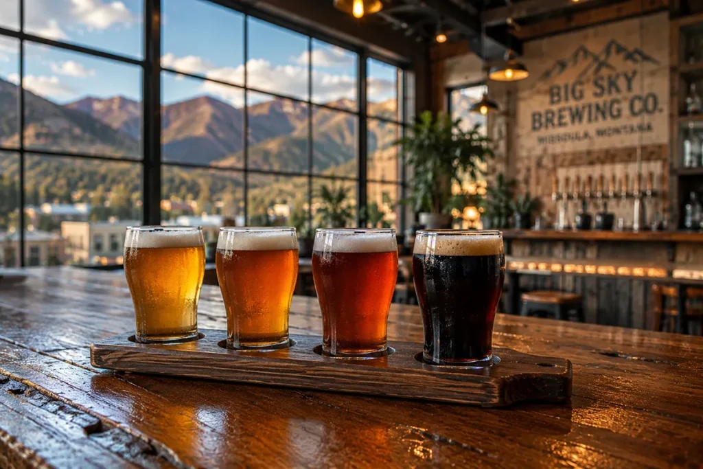 Craft beer flight on a wooden bar at a Missoula Montana brewery with mountains visible through large windows in the background
