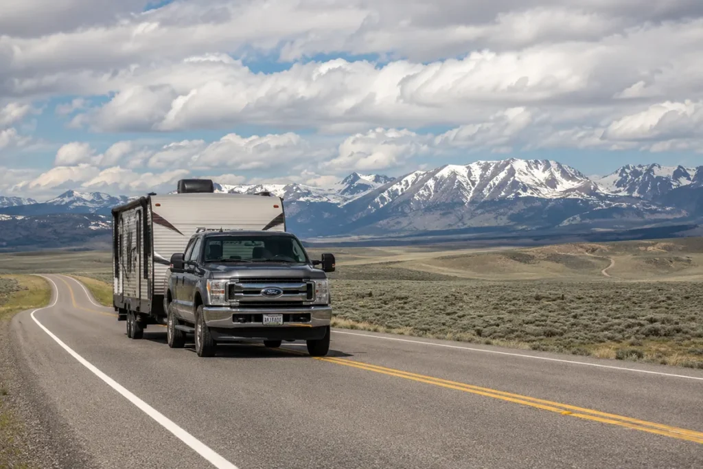 Travel trailer being towed along a Montana highway with mountains in the distance