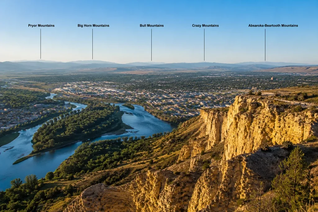 View from the Rimrocks in Billings Montana showing five mountain ranges and the Yellowstone River valley below