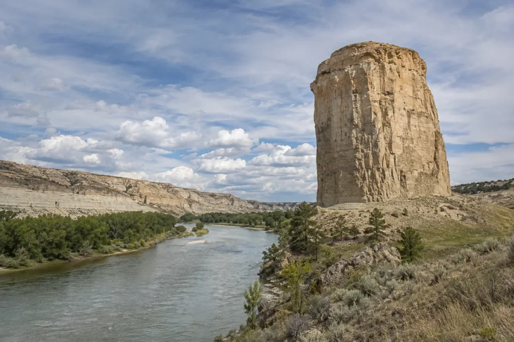 Pompeys Pillar national monument sandstone tower above the Yellowstone River with Lewis and Clark signature