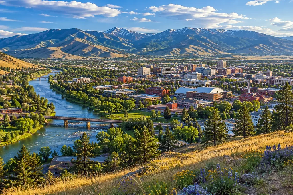 View of Missoula Montana from the M Trail on Mount Sentinel with the Clark Fork River and downtown visible