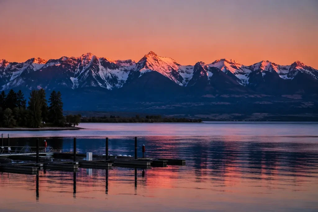 Flathead Lake with Mission Mountains rising behind at sunset