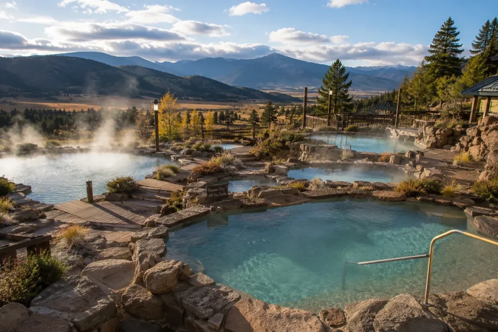 Multiple soaking pools at a Montana hot springs facility with steam rising