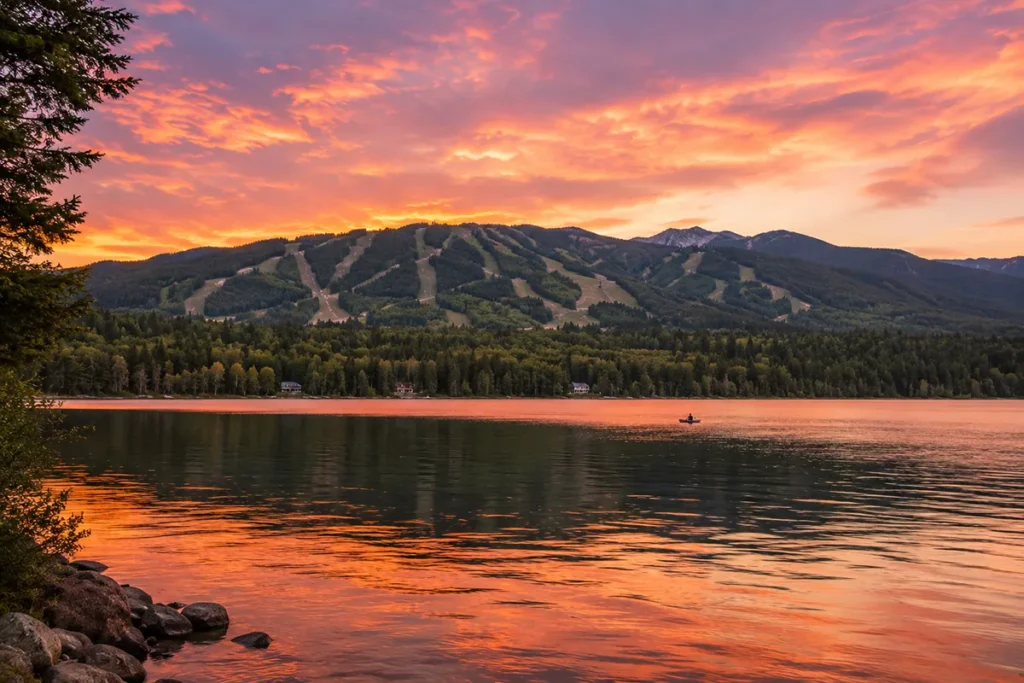 Whitefish Lake with Whitefish Mountain Resort visible across the water at sunset