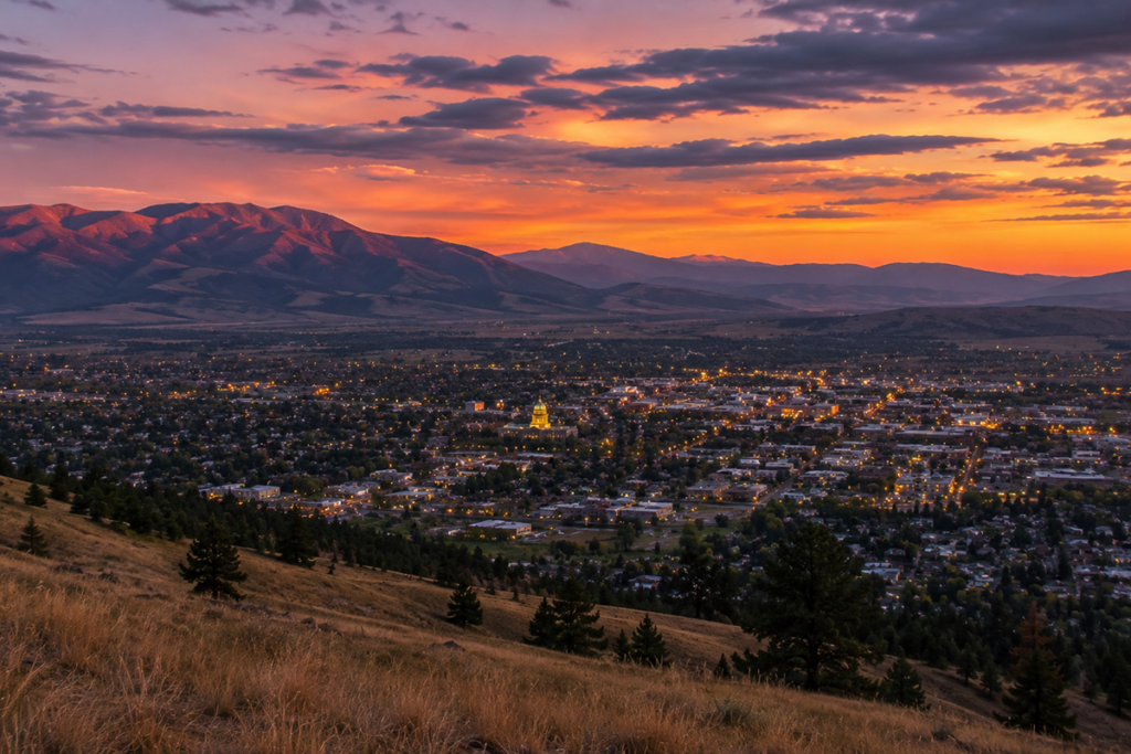 Sunset over Mount Helena and the city of Helena Montana from a hillside viewpoint