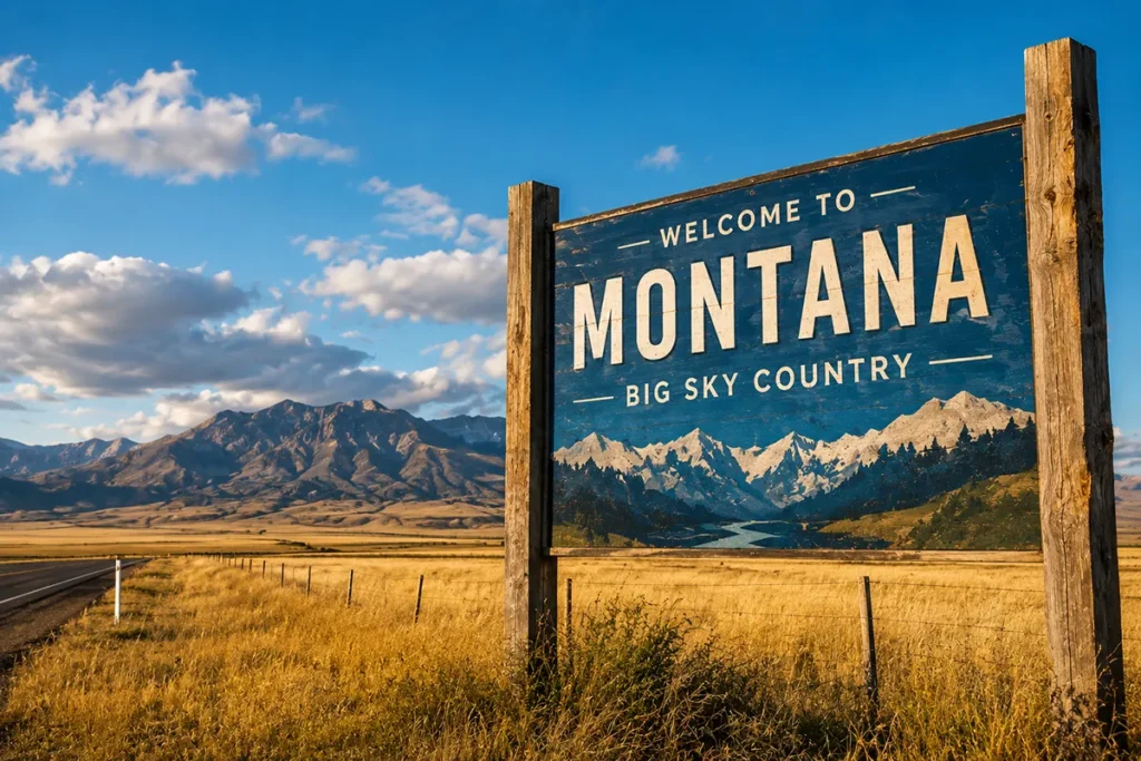 Welcome to Big Sky Country sign on a Montana highway with mountains in the background