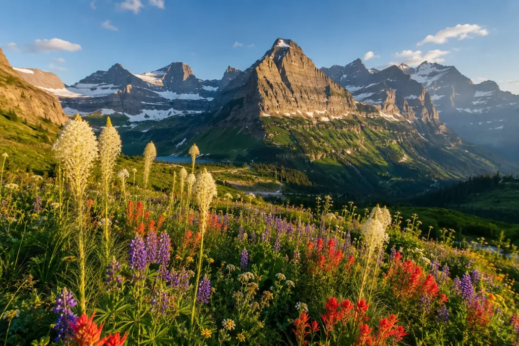 Wildflowers and mountain peaks at Logan Pass in mid-July