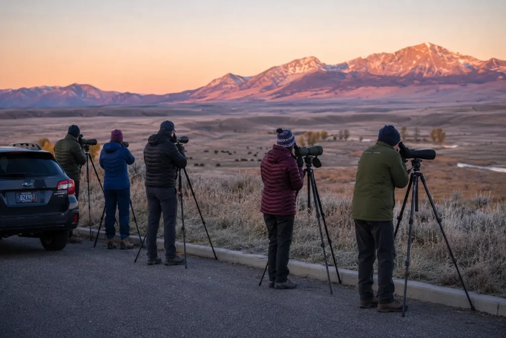 Wildlife watchers using spotting scopes at a pullout in Lamar Valley Yellowstone