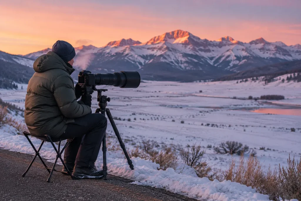 Wildlife photographer with large telephoto lens at sunrise pullout in Yellowstone
