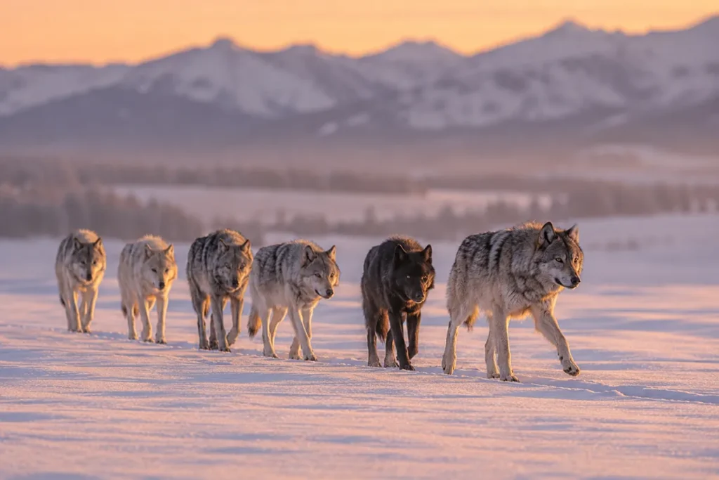 Gray wolf pack walking across snow in Yellowstone's Lamar Valley at sunrise