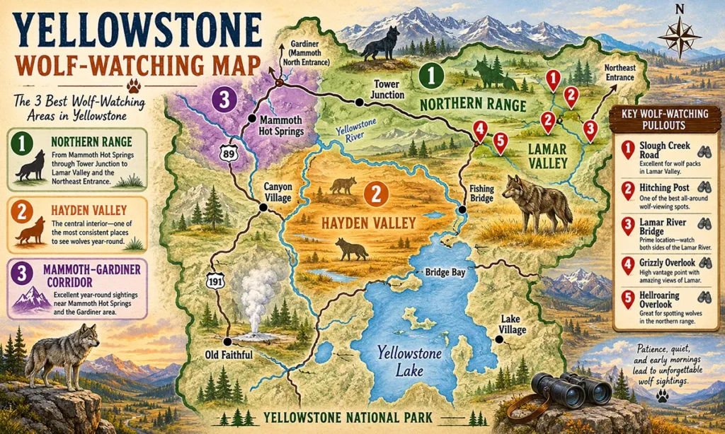 Map illustration showing wolf watching zones in Yellowstone National Park including Lamar Valley, Hayden Valley, and Northern Range