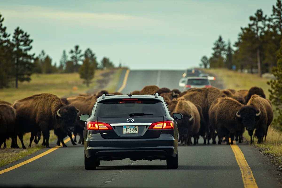 A car driving through a bison jam on the road inside Yellowstone with dozens of bison blocking the road