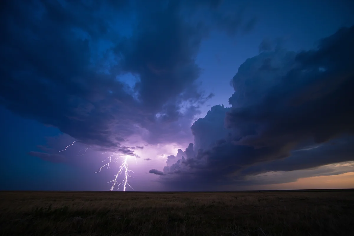 A dramatic thunderstorm with lightning over the eastern Montana plains near Miles City