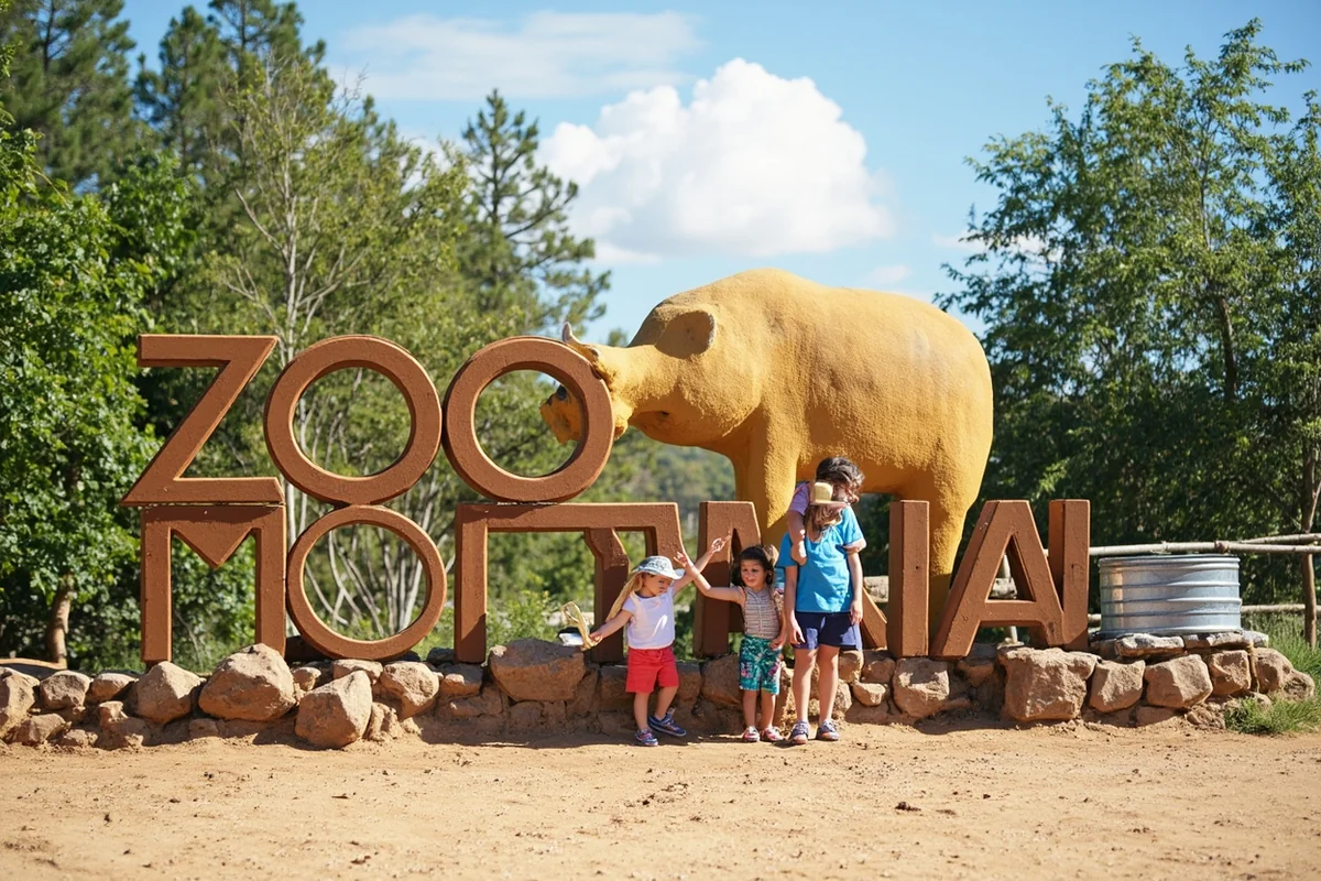 A family posing near the ZooMontana entrance sign on a sunny summer day