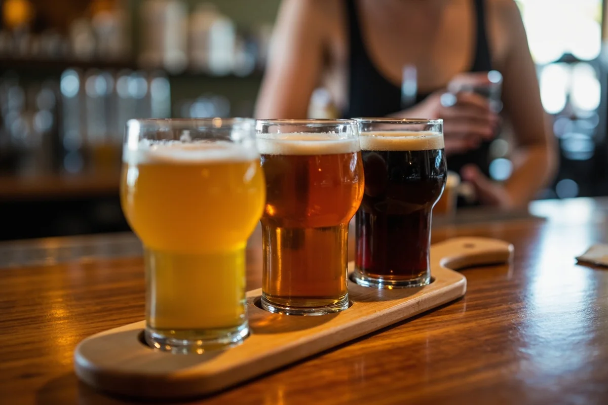 A flight of craft beers arranged on a wooden paddle at a Missoula, Montana taproom
