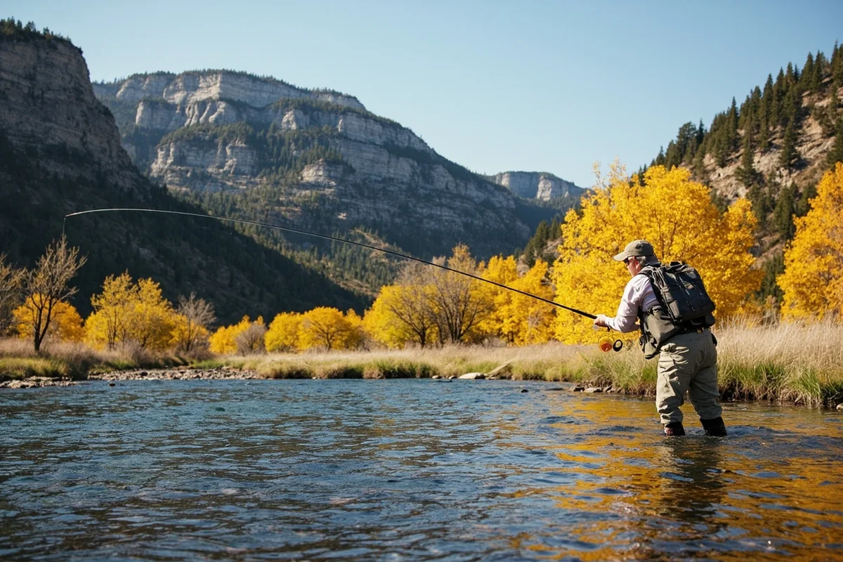 A fly fisher casting into Big Spring Creek near Lewistown with limestone bluffs in the background