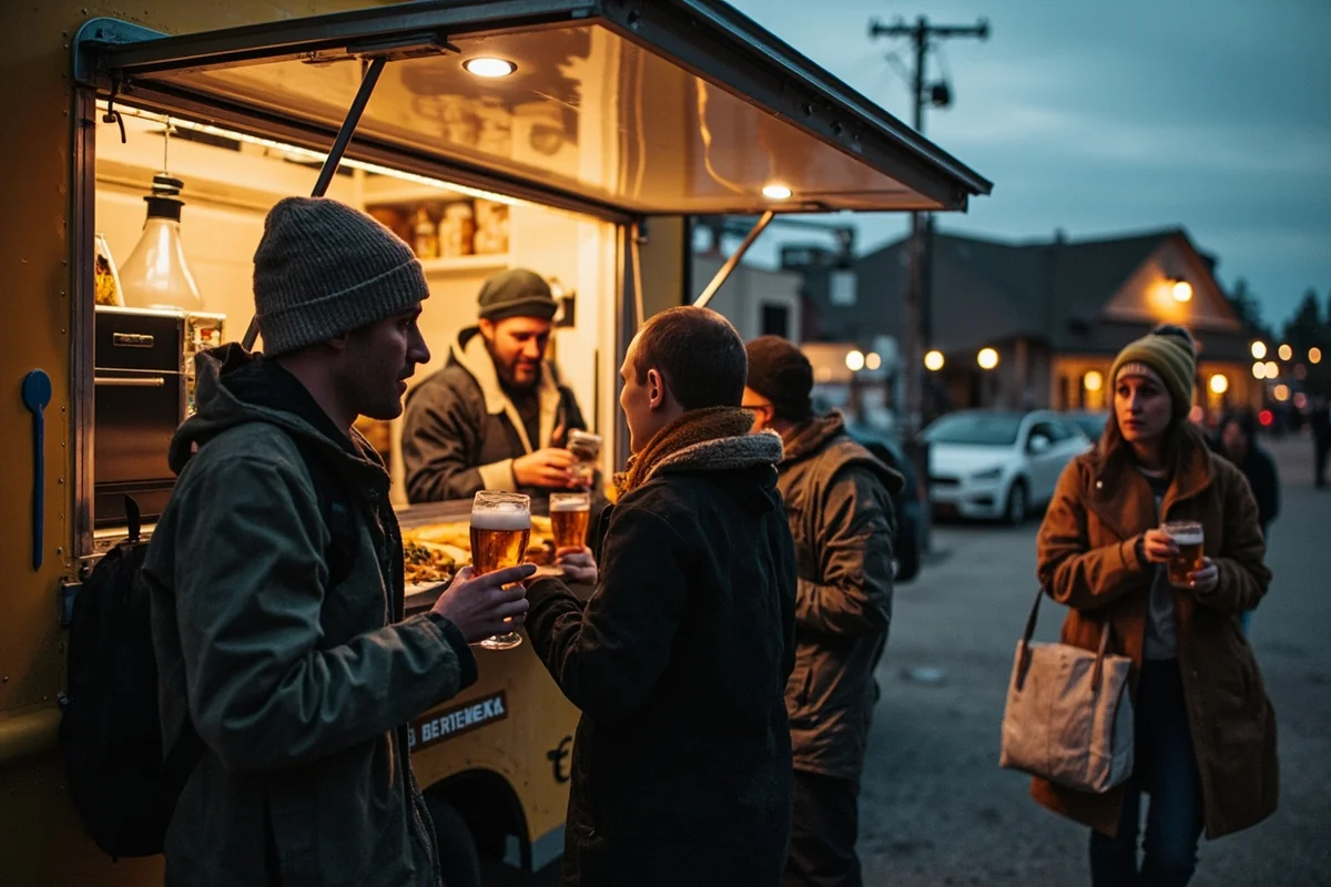 A food truck parked outside a Montana brewery with customers ordering food and holding craft beers